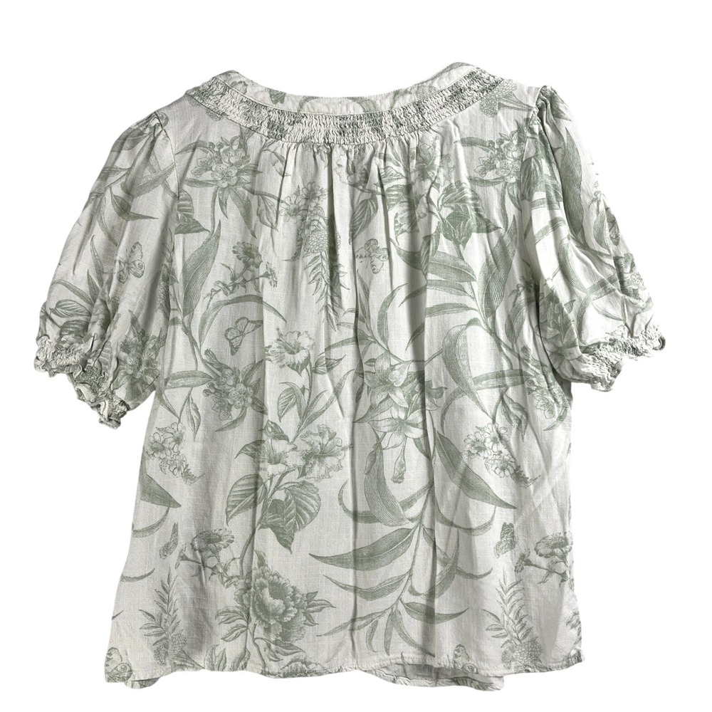Sage Green Floral Linen Blend Smocked Puff Sleeve Blouse Size Large - Picture 3 of 10